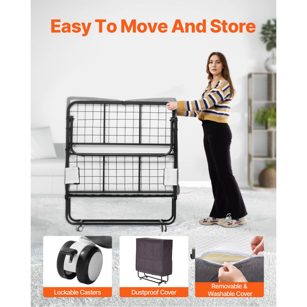 VEVOR Rollaway Bed, 96.5 cm x 190 cm Folding Bed with 10 cm Mattress, Twin Size Foldable Bed with Sturdy Metal Frame & Memory Foam Mattress, Portable Roll Away Bed with Mattress, for Adults, Guest