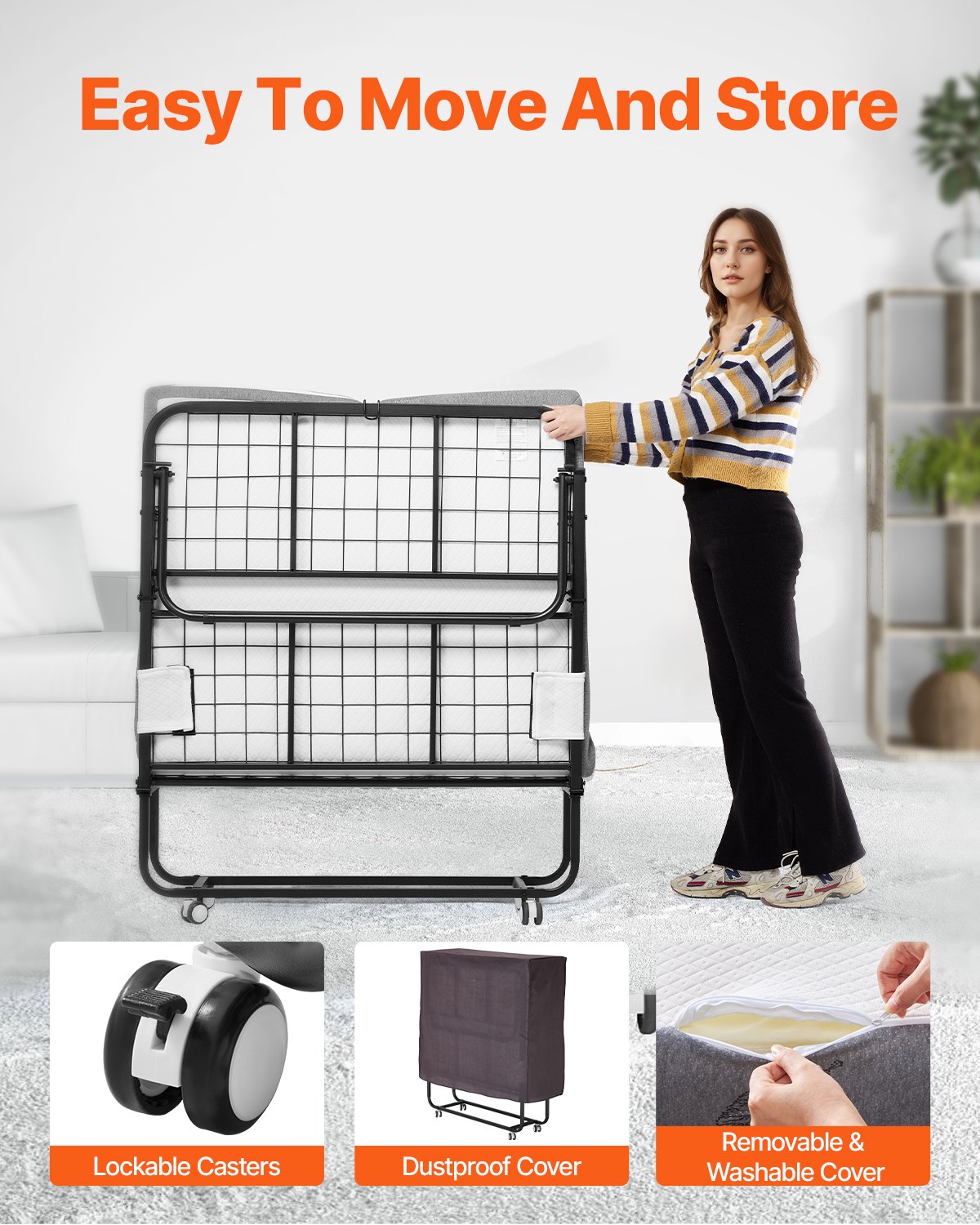 VEVOR Rollaway Bed, 96.5 cm x 190 cm Folding Bed with 10 cm Mattress, Twin Size Foldable Bed with Sturdy Metal Frame & Memory Foam Mattress, Portable Roll Away Bed with Mattress, for Adults, Guest