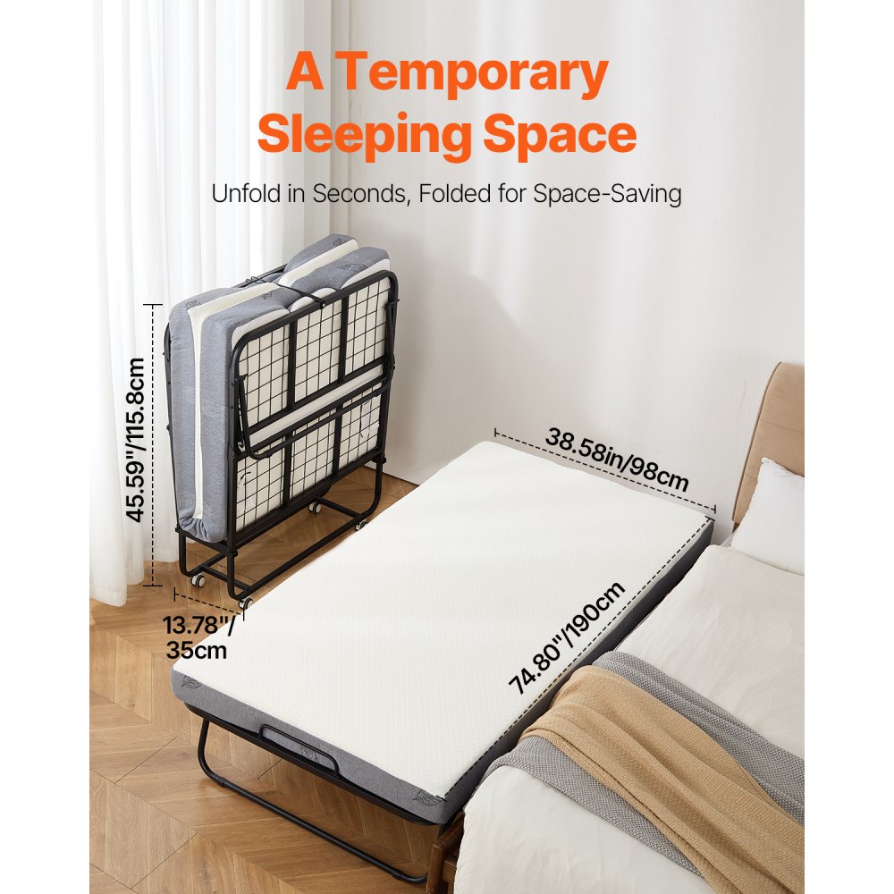 VEVOR Rollaway Bed, 38 in x 75 in Folding Bed with 5 in Mattress, Twin Size Foldable Bed with Sturdy Metal Frame & Memory Foam Mattress, Portable Twin Roll Away Bed with Mattress, for Adults, Guest