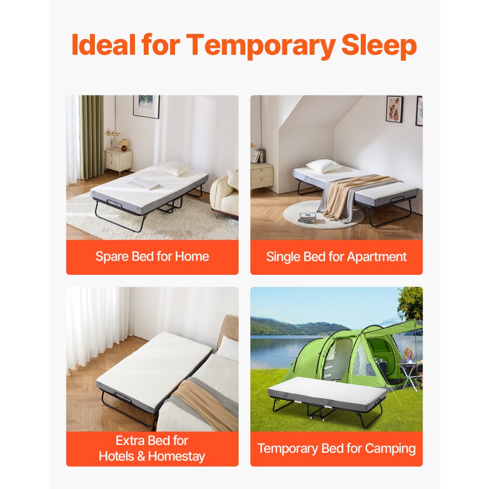VEVOR Rollaway Bed, 38 in x 75 in Folding Bed with 5 in Mattress, Twin Size Foldable Bed with Sturdy Metal Frame & Memory Foam Mattress, Portable Twin Roll Away Bed with Mattress, for Adults, Guest