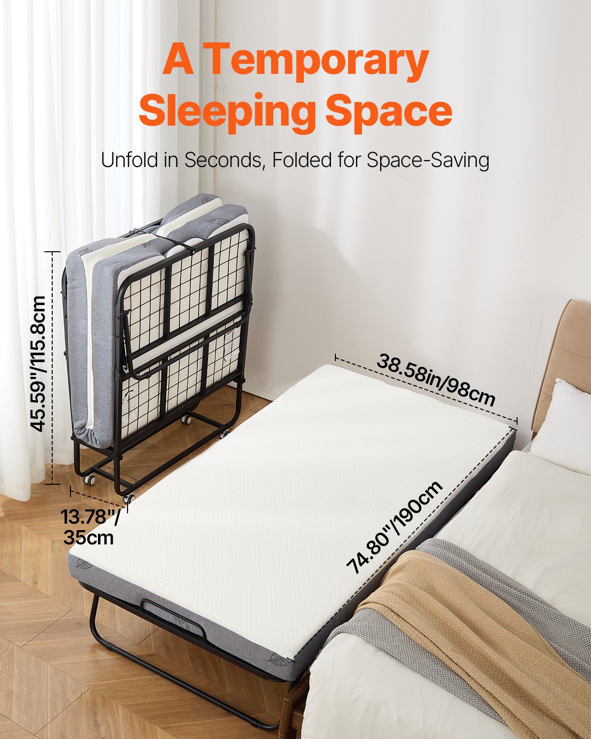 VEVOR Rollaway Bed, 38 in x 75 in Folding Bed with 5 in Mattress, Twin Size Foldable Bed with Sturdy Metal Frame & Memory Foam Mattress, Portable Twin Roll Away Bed with Mattress, for Adults, Guest
