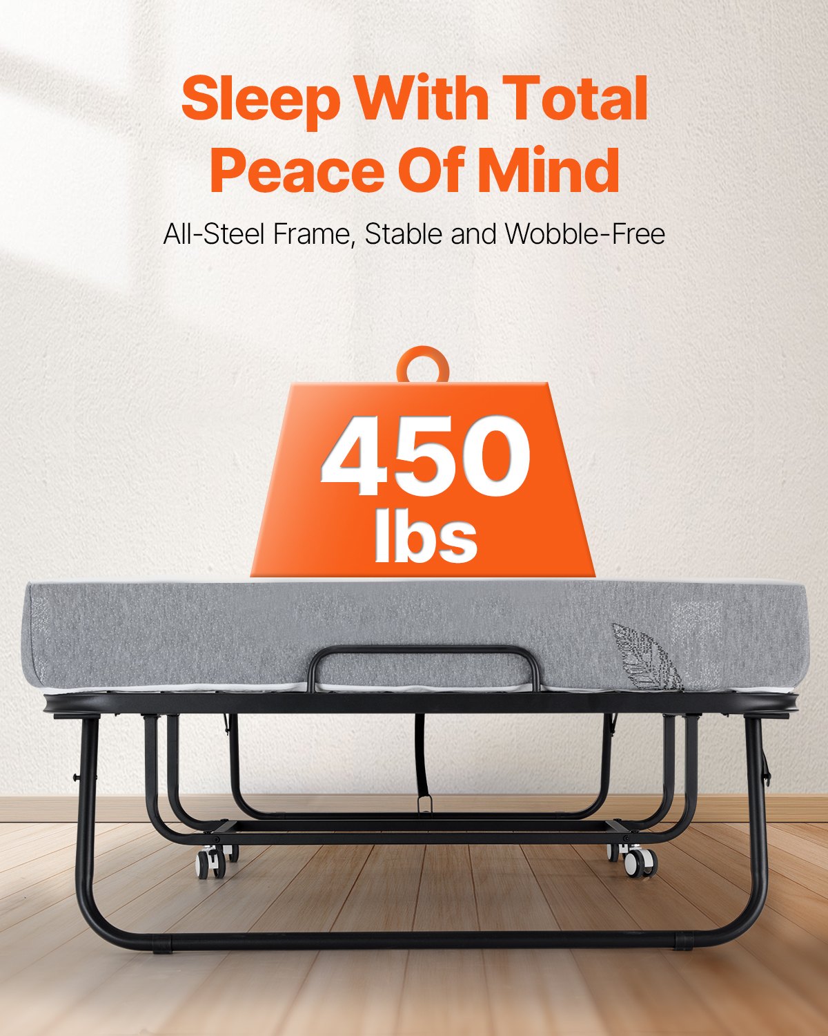 VEVOR Rollaway Bed, 38 in x 75 in Folding Bed with 5 in Mattress, Twin Size Foldable Bed with Sturdy Metal Frame & Memory Foam Mattress, Portable Twin Roll Away Bed with Mattress, for Adults, Guest
