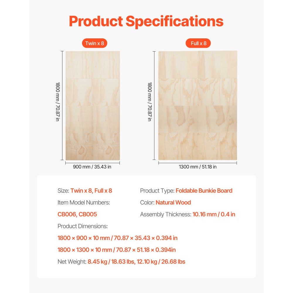 VEVOR Full Size Bunkie Board, 10 mm Foldable Bed Board Slats with Connection, Wooden Mattress Support for Full Size Bed, Support under Mattress Boards, Ready to Use, 8 Piece, Burlywood