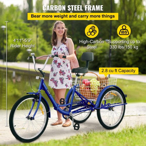Triciclo de 24 pulgadas para adultos, 7 velocidades, 3 ruedas, bicicleta plegable de tres ruedas con cesta de la compra, adecuado para ocio, compras, picnics y viajes, azul verde azulado Triciclo de 24 pulgadas para adultos, 7 velocidades, 3 ruedas, bicicleta plegable de tres ruedas con cesta de la compra, adecuado para ocio, compras, picnics y viajes, azul verde azulado