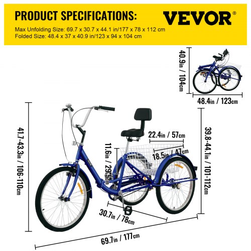 CHERIREN Triciclo Plegable De 24 Pulgadas – 7 Velocidades, Acero Al Carbono, Con Cesta Delantera Y Trasera, Ideal Para Adultos Y Compras En Ciudad