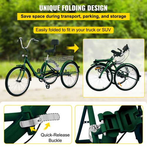 Tricycle 24 pouces pour adultes 7 vitesses pliable 3 roues vélo avec panier à légumes projecteur hauteur réglable Tricycle 24 pouces pour adultes 7 vitesses pliable 3 roues vélo avec panier à légumes projecteur hauteur réglable
