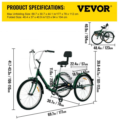VEVOR Foldable Tricycle 24'' Wheels, 1-Speed Green Trike, 3 Wheels Colorful Bike With Basket, Portable And Foldable Bicycle for Adults Exercise Shopping Picnic Outdoor Activities | VEVOR US VEVOR Foldable Tricycle 24'' Wheels, 1-Speed Green Trike, 3 Wheels Colorful Bike With Basket, Portable And Foldable Bicycle for Adults Exercise Shopping Picnic Outdoor Activities | VEVOR US