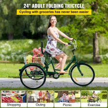 VEVOR Tricycle pliable roues de 24 pouces, tricycle vert à 1 vitesse, vélo coloré à 3 roues avec panier, vélo portable et pliable pour adultes, exercice, shopping, pique-nique, activités de plein air