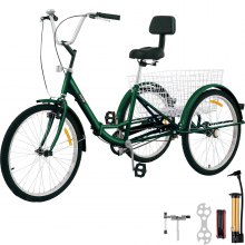 VEVOR Tricycle pliable roues de 24 pouces, tricycle vert à 1 vitesse, vélo coloré à 3 roues avec panier, vélo portable et pliable pour adultes, exercice, shopping, pique-nique, activités de plein air