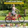 VEVOR adult tricycle being ridden by a woman in a park, carrying groceries in the rear basket.