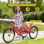 VEVOR adult tricycle with carbon steel frame, basket full of groceries, and rider height info.