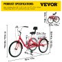 VEVOR adult tricycle with dimensions and specifications in yellow background.