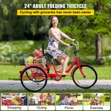 Foldable Tricycle Adult 24'' Wheels Adult Tricycle 1-Speed 3 Wheel Bikes For Adults