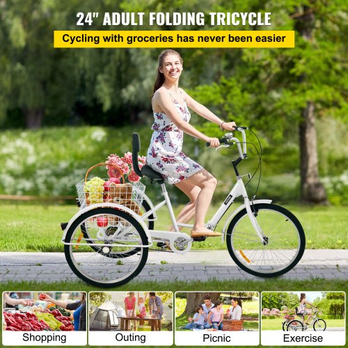 VEVOR Tricycle Adult 24’’ Wheels Adult Tricycle 1-Speed 3 Wheel Bikes White For Adults Three Wheel Bike For Adults Adult Trike Adult Folding Tricycle Foldable Adult Tricycle 3 Wheel Bike For Adults