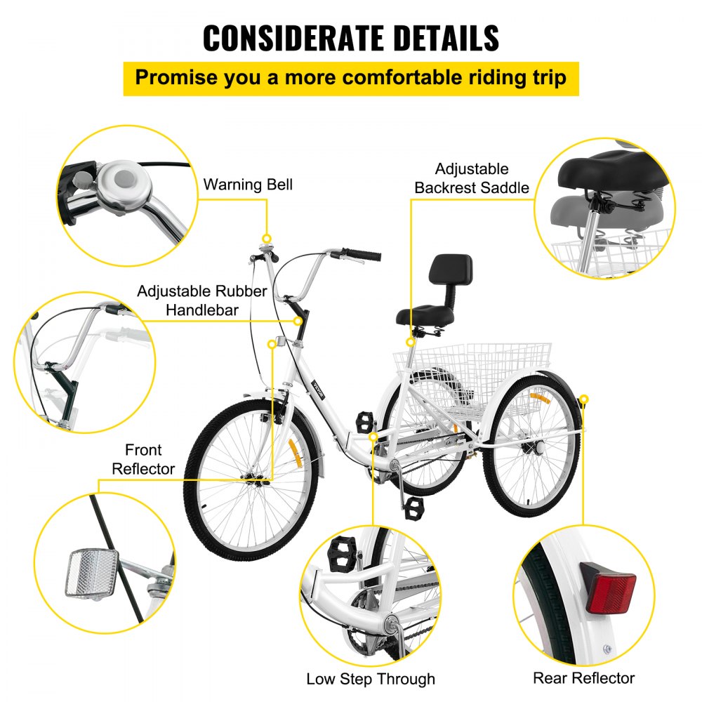 VEVOR Tricycle Adult 24’’ Wheels Adult Tricycle 1-Speed 3 Wheel Bikes White For Adults Three Wheel Bike For Adults Adult Trike Adult Folding Tricycle Foldable Adult Tricycle 3 Wheel Bike For Adults