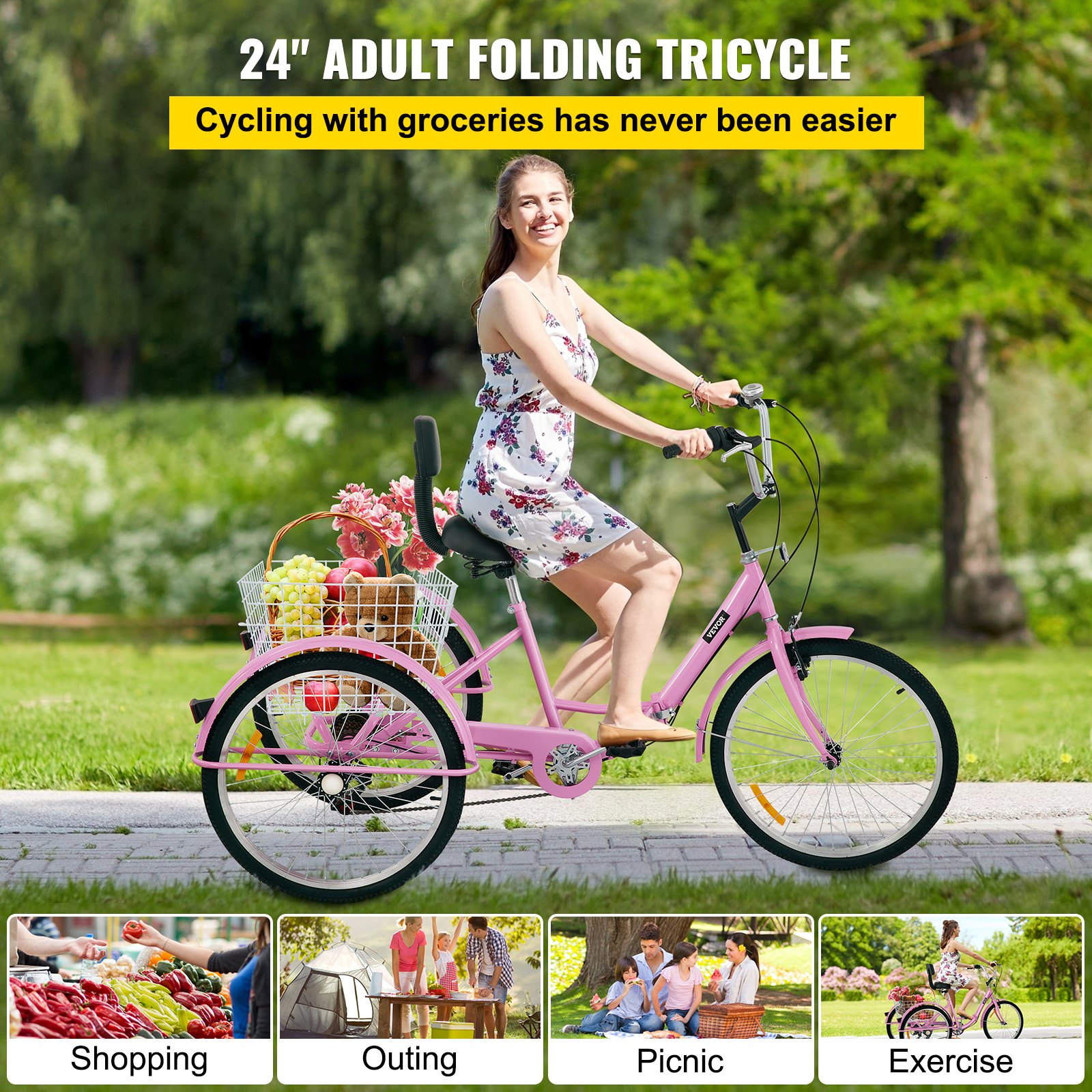 VEVOR Tricycle Adult 24’’ Wheels Adult Tricycle 7-Speed 3 Wheel Bikes For Adults Three Wheel Bike For Adults Adult Trike Adult Folding Tricycle Foldable Adult Tricycle 3 Wheel Bike Trike Foldable Pink
