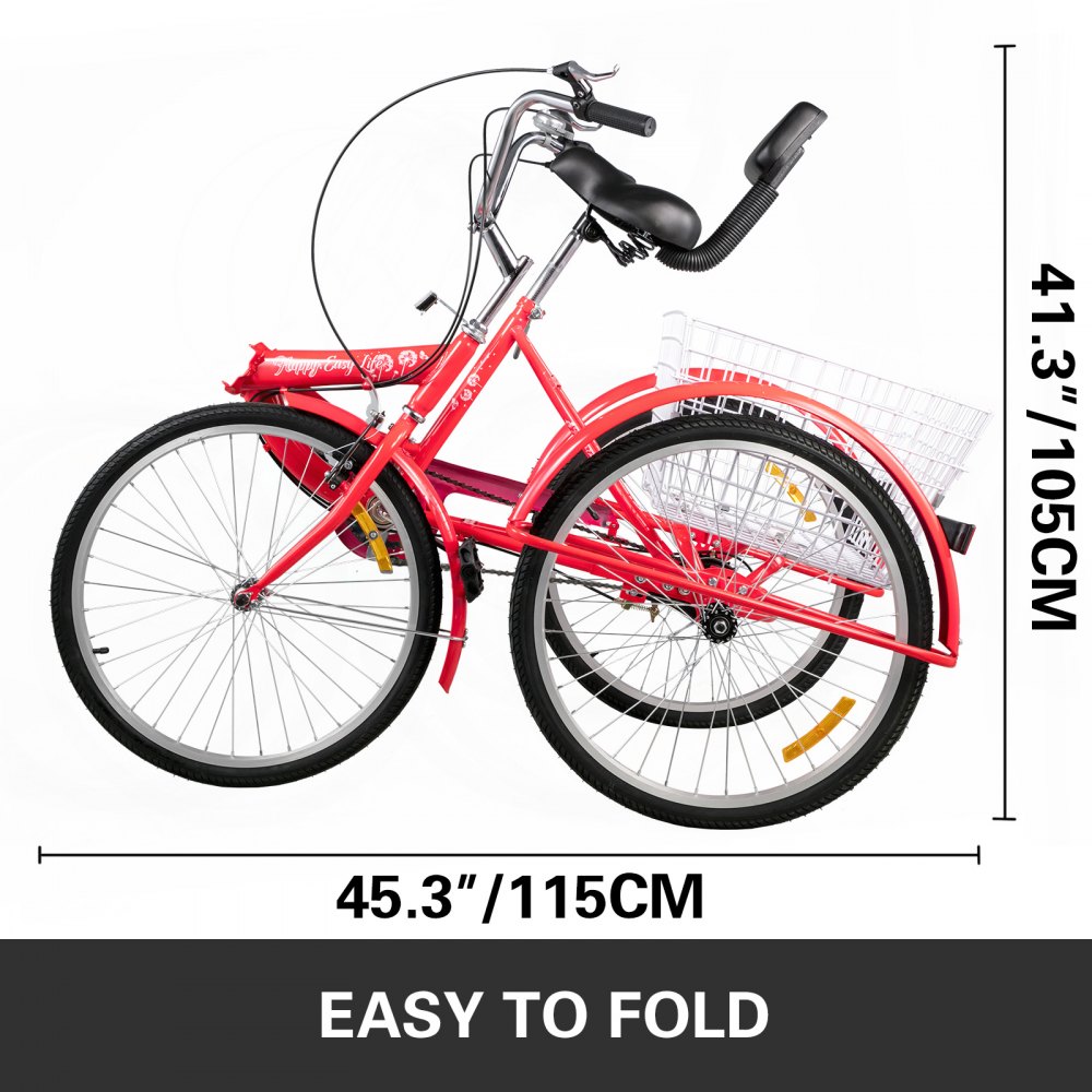 Foldable Tricycle Adult 26'' Wheels Adult Tricycle 1-Speed 3 Wheel Bikes For Adults