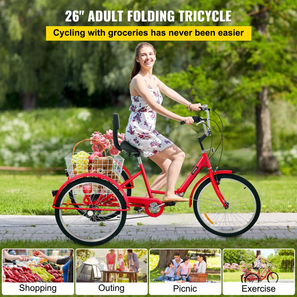 VEVOR Tricycle Adult 26'' Wheels Adult Tricycle 7-Speed 3 Wheel Bikes For  Adults Three Wheel