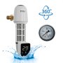 VEVOR whole house sediment filter with pressure gauge and digital display, splash of water at the base.