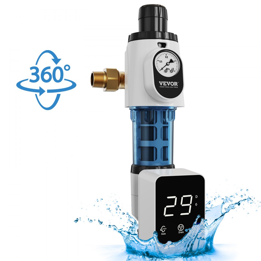 VEVOR spin down filter with pressure gauge and digital display surrounded by water splash and 360° rotation icon.