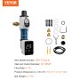 VEVOR spin down filter with digital display, installation accessories, batteries, and a wrench tool set.