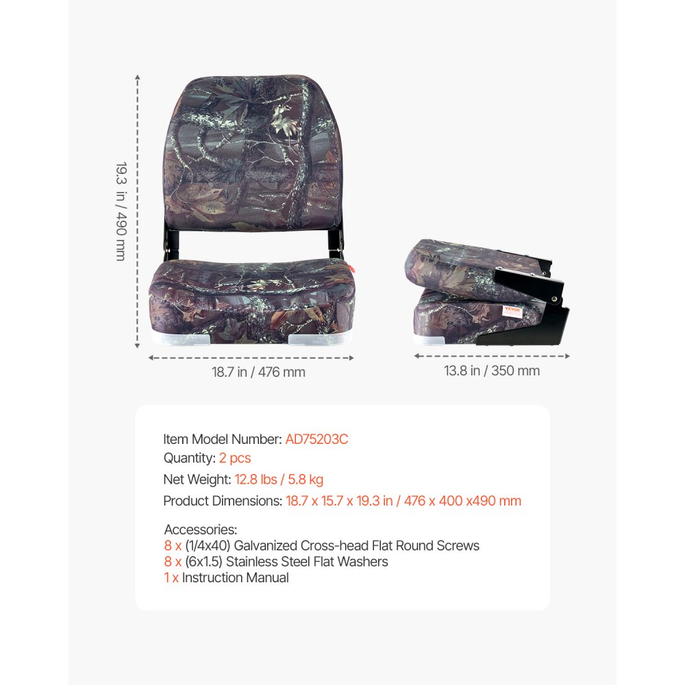 VEVOR Boat Seat, Low Backrest, Folding Fishing Boat Seat with Thickened Sponge Cushion & PU Polyester Fabric, Strong PP Frame, Flip Up Boat Seat for Boats, Yachts, Ships, Camouflage Color (2 Seats)