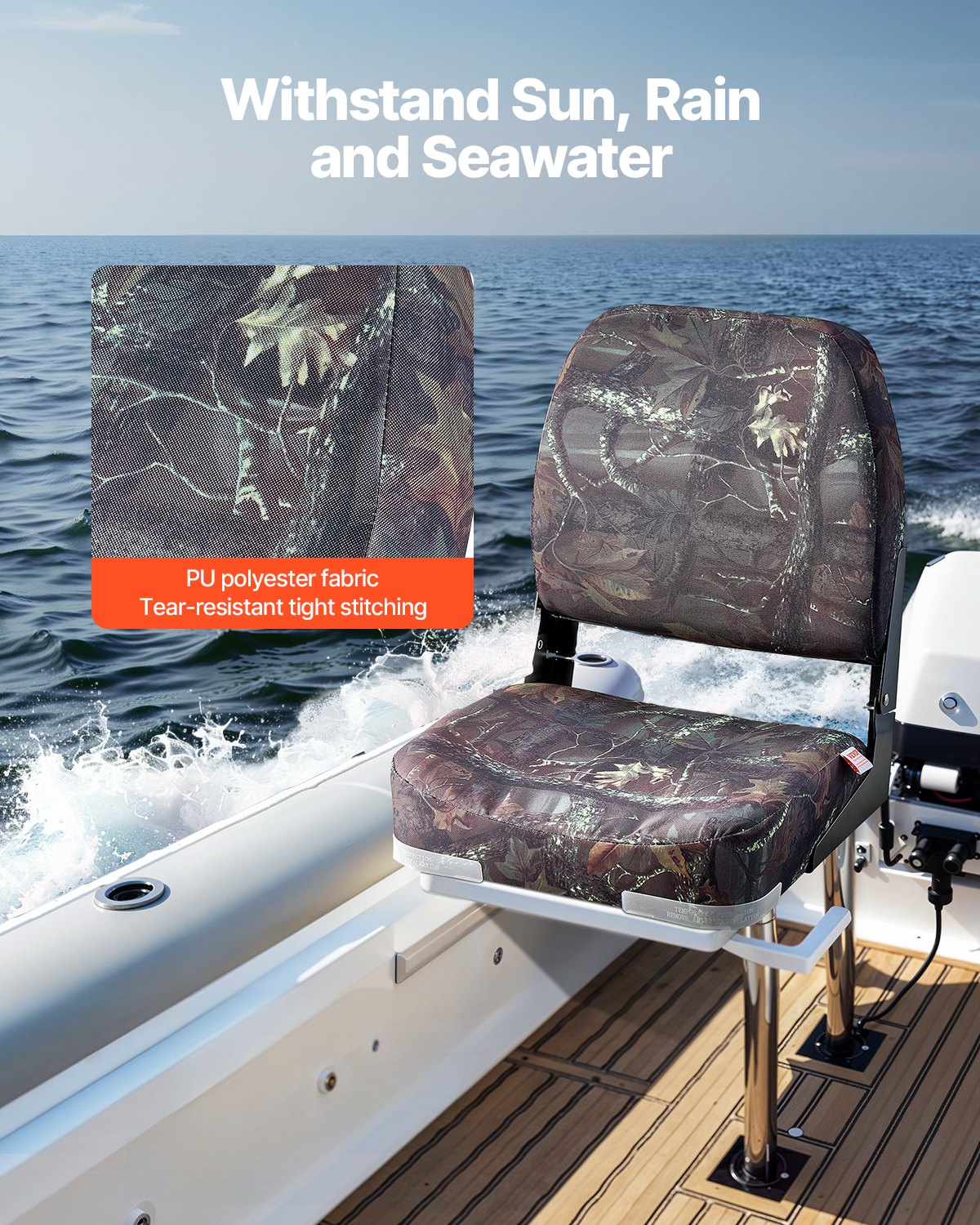 VEVOR Boat Seat, Low Backrest, Folding Fishing Boat Seat with Thickened Sponge Cushion & PU Polyester Fabric, Strong PP Frame, Flip Up Boat Seat for Boats, Yachts, Ships, Camouflage Color (2 Seats)