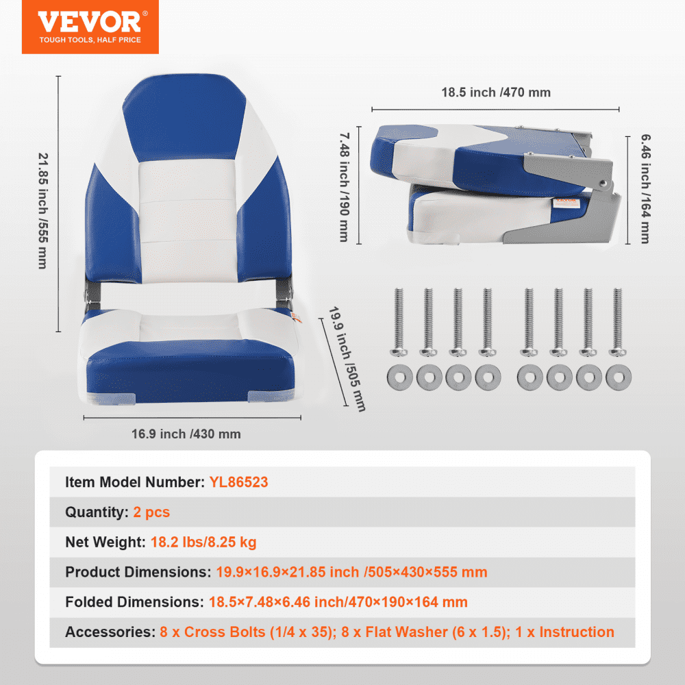 VEVOR Boat Seats, 21.85" High Back Boat Seat, Folding Boat Chair with Thickened Sponge Padding and Hinge, Fold-Down Boat Captain Chairs for Fishing Boat, Sightseeing Boat, Speedboat, Canoe, 2-Pack