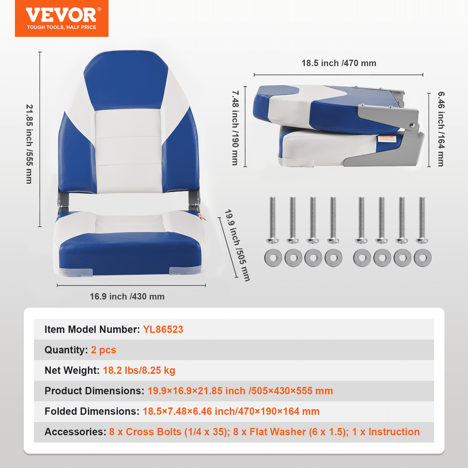 VEVOR Boat Seats, 21.85" High Back Boat Seat, Folding Boat Chair with Thickened Sponge Padding and Hinge, Fold-Down Boat Captain Chairs for Fishing Boat, Sightseeing Boat, Speedboat, Canoe, 2-Pack