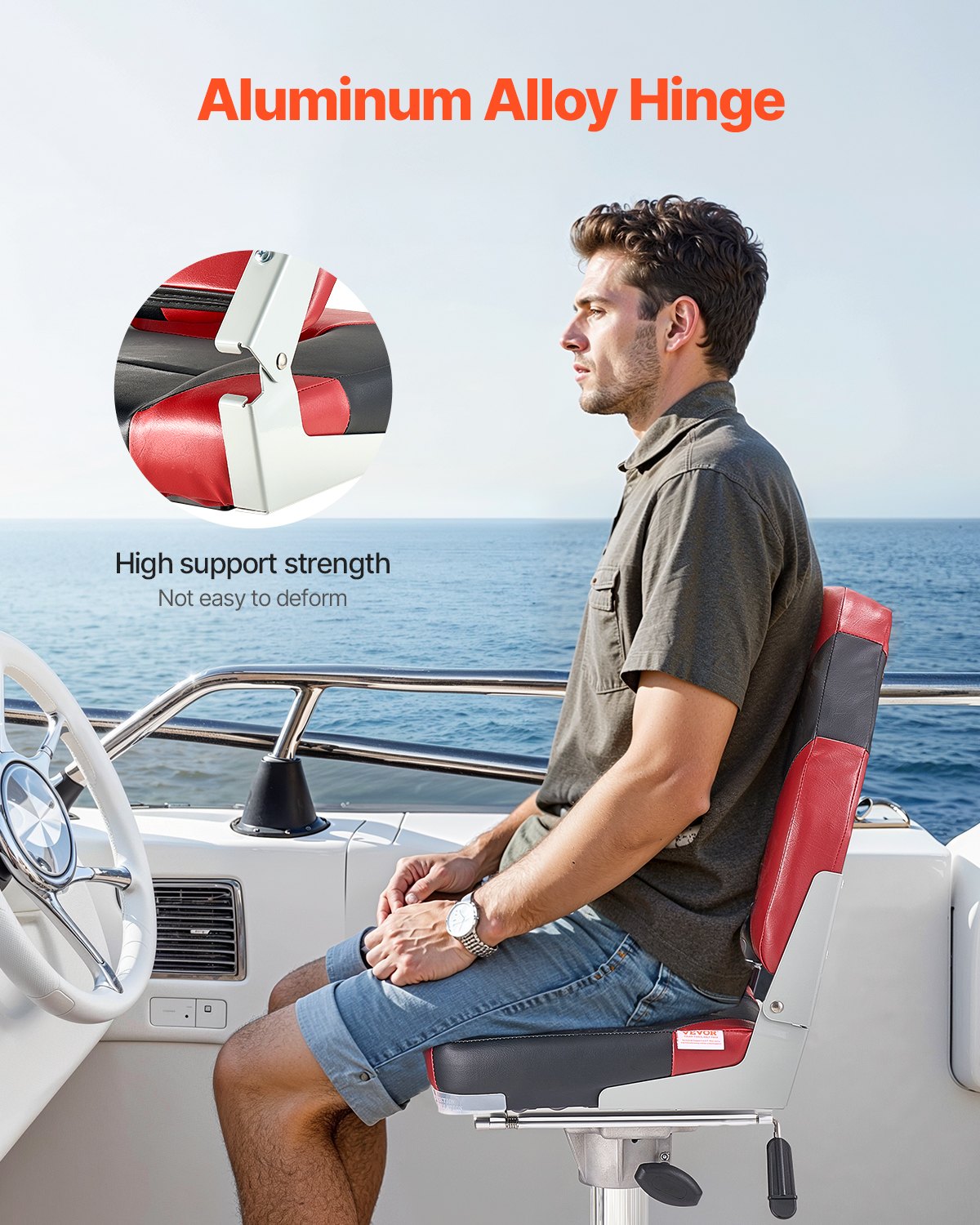 VEVOR Boat Seat, High Backrest, Folding Fishing Boat Seat with Thickened Sponge Cushion & Waterproof PVC Leather, Aluminum Alloy Hinges, Flip Up Boat Seat for Boats, Yachts, Ships, Black & Red