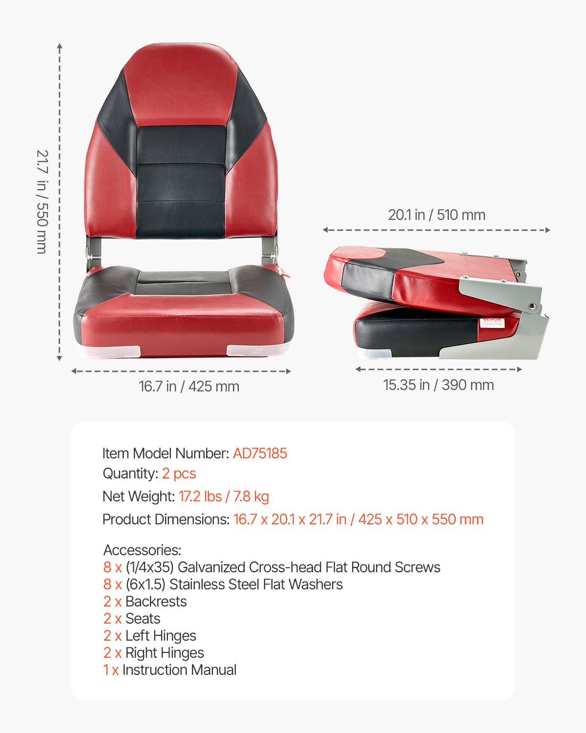 VEVOR Boat Seat, High Backrest, Folding Fishing Boat Seat with Thickened Sponge Cushion & Waterproof PVC Leather, Aluminum Alloy Hinges, Flip Up Boat Seat for Boats, Yachts, Ships, Black & Red