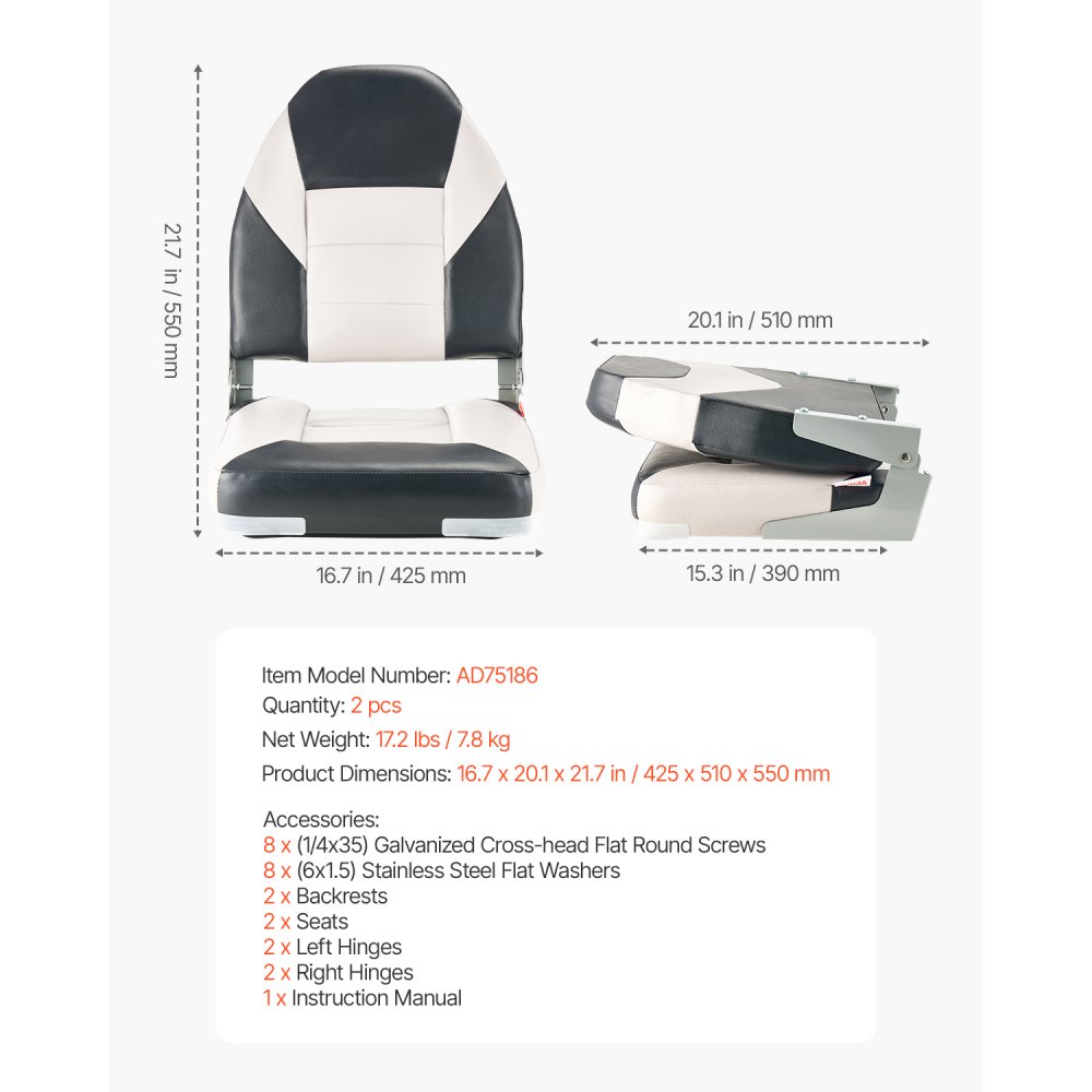 VEVOR Boat Seat, High Backrest, Folding Fishing Boat Seat with Thickened Sponge Cushion & Waterproof PVC Leather, Aluminum Alloy Hinges, Flip Up Boat Seat for Boats, Yachts, Ships, Black & Grey