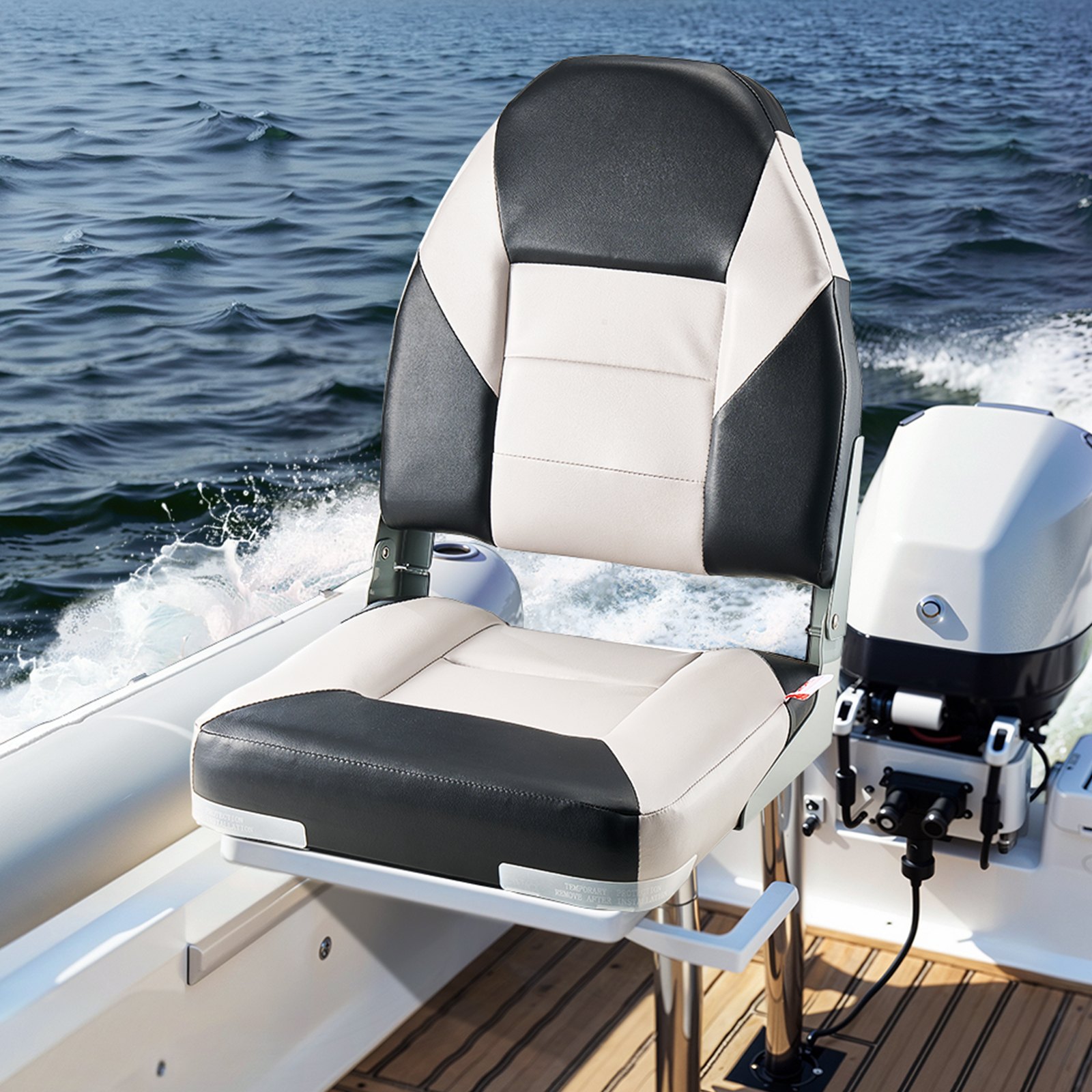 VEVOR Boat Seat, High Backrest, Folding Fishing Boat Seat with Thickened Sponge Cushion & Waterproof PVC Leather, Aluminum Alloy Hinges, Flip Up Boat Seat for Boats, Yachts, Ships, Black & Grey