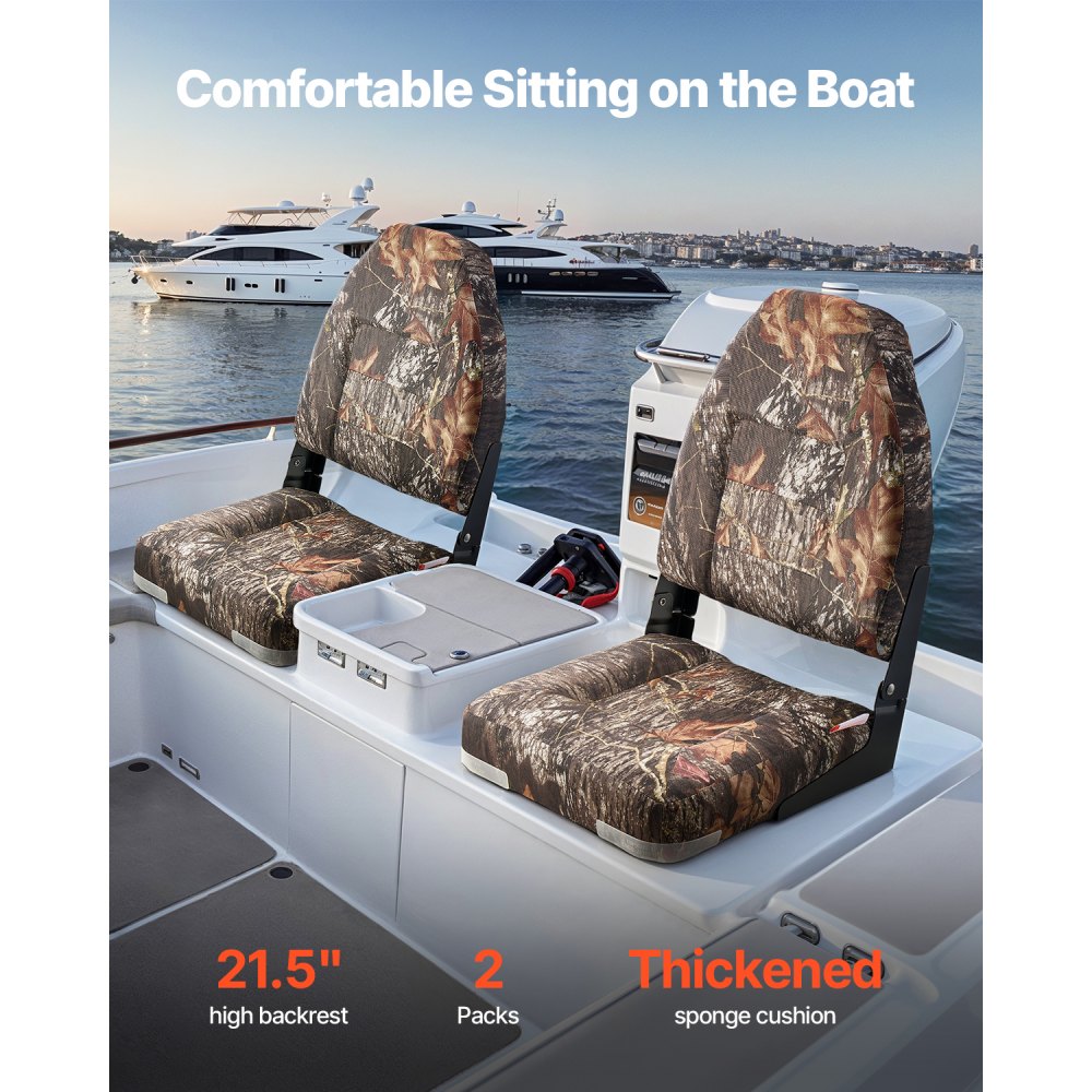 VEVOR Boat Seat, High Backrest, Folding Fishing Boat Seat with Thickened Sponge Cushion & PU Polyester Fabric, Aluminum Alloy Hinges, Flip Up Boat Seat for Boats, Yachts, Ships, Camouflage (2 Seats)