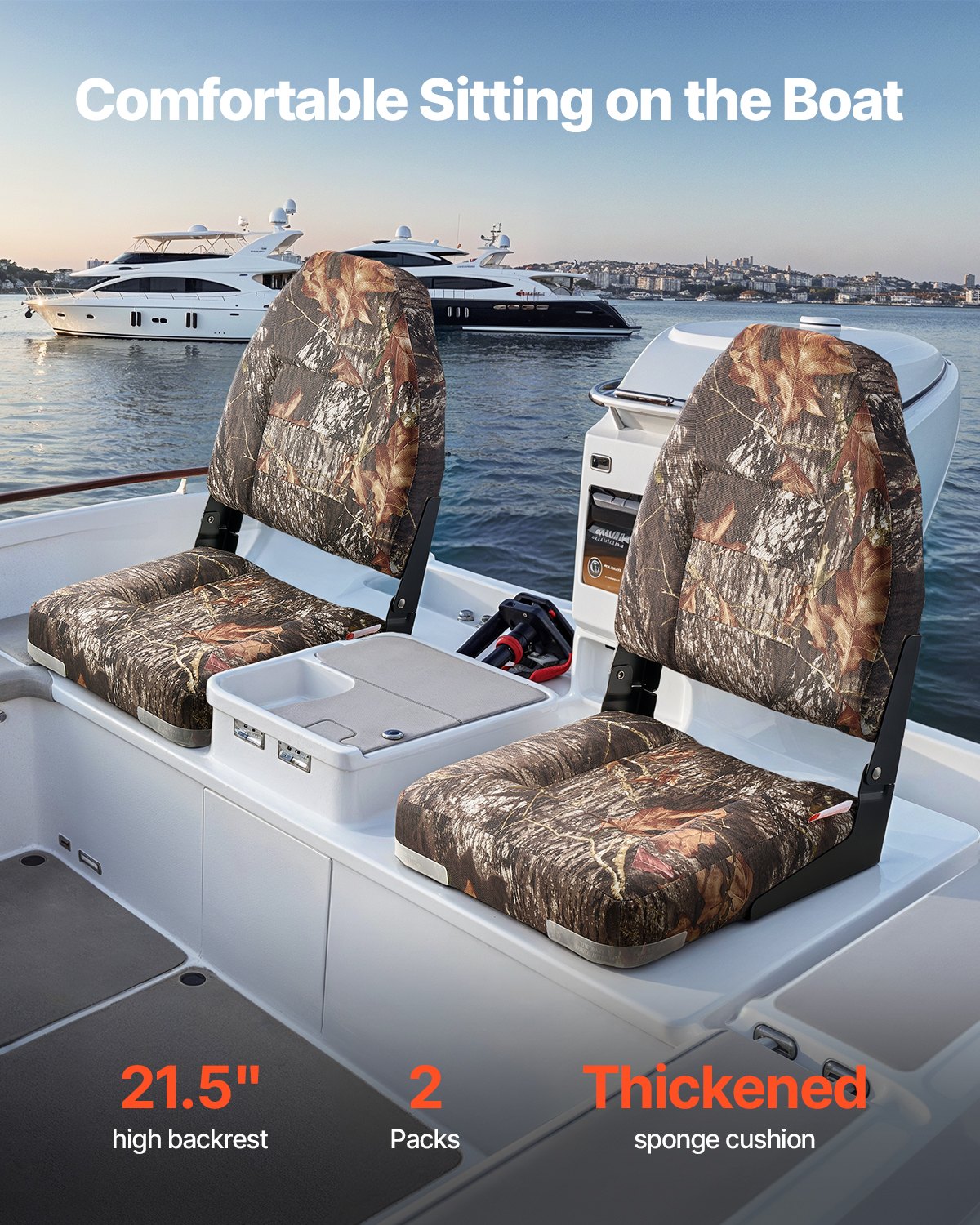 VEVOR Boat Seat, High Backrest, Folding Fishing Boat Seat with Thickened Sponge Cushion & PU Polyester Fabric, Aluminum Alloy Hinges, Flip Up Boat Seat for Boats, Yachts, Ships, Camouflage (2 Seats)