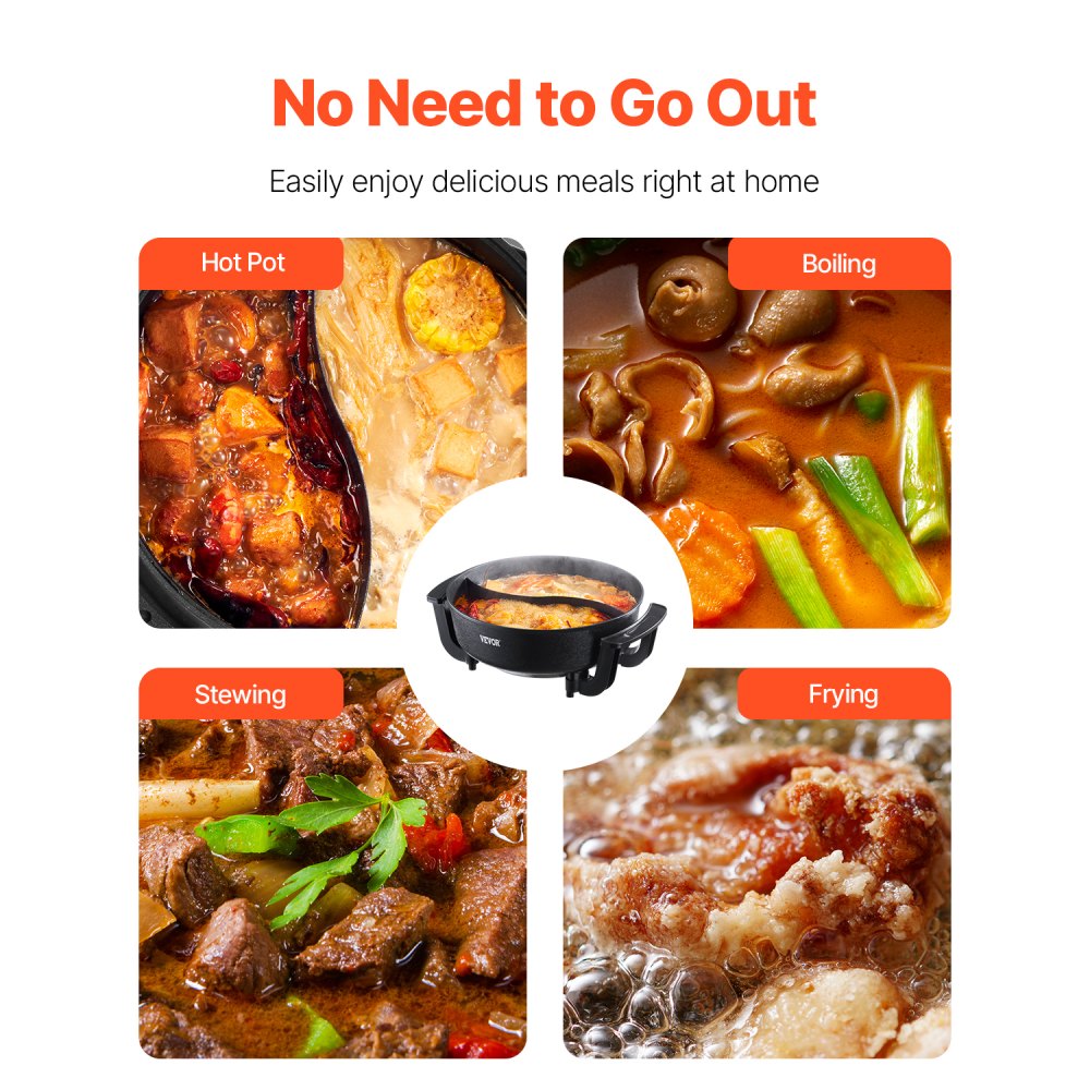 VEVOR Electric Hot Pot, 1360W 5 L Double-flavor Shabu Shabu Pot, Non-Stick Electric Cooker with Divider, Clear Glass Lid, Temperature control, Chinese Hotpot for 6-10 People Family Dinning & Party