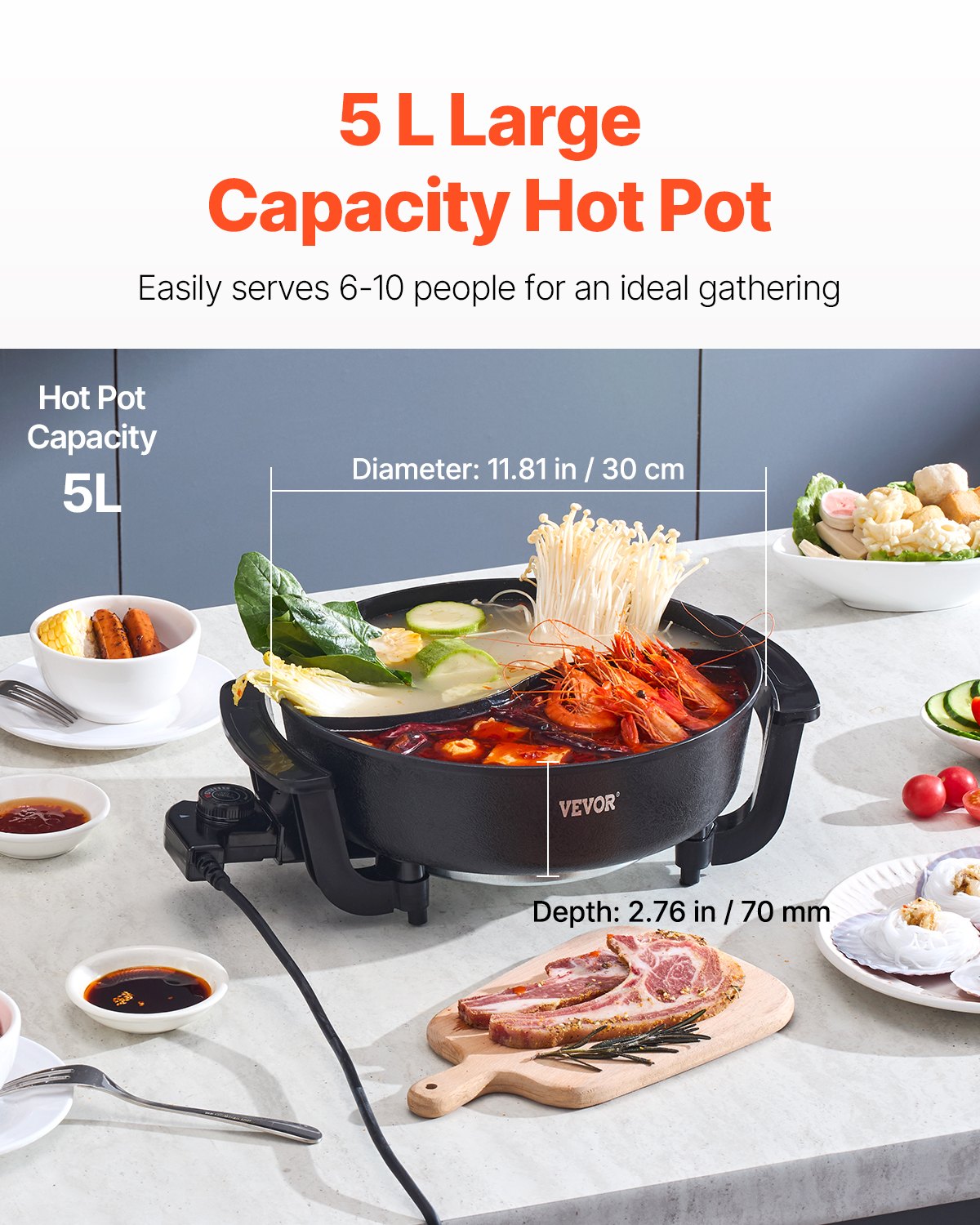 VEVOR Electric Hot Pot, 1360W 5 L Double-flavor Shabu Shabu Pot, Non-Stick Electric Cooker with Divider, Clear Glass Lid, Temperature control, Chinese Hotpot for 6-10 People Family Dinning & Party