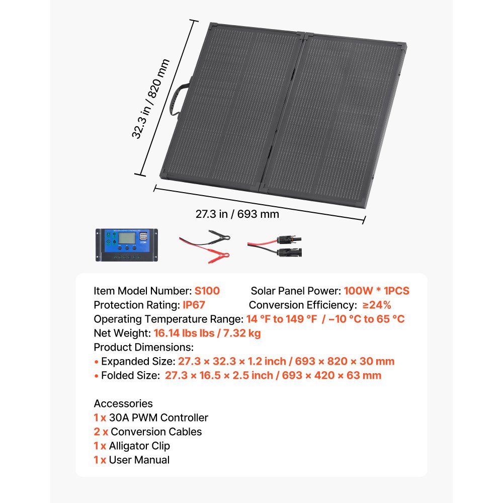 VEVOR 100W Foldable Solar Panel with Frame, 16BB N-Type Portable Monocrystalline Solar Panel Charger 24% Efficiency, IP67 Waterproof with 30A PWM Controller & MC4 Output for Camping, Hiking, RV Trips