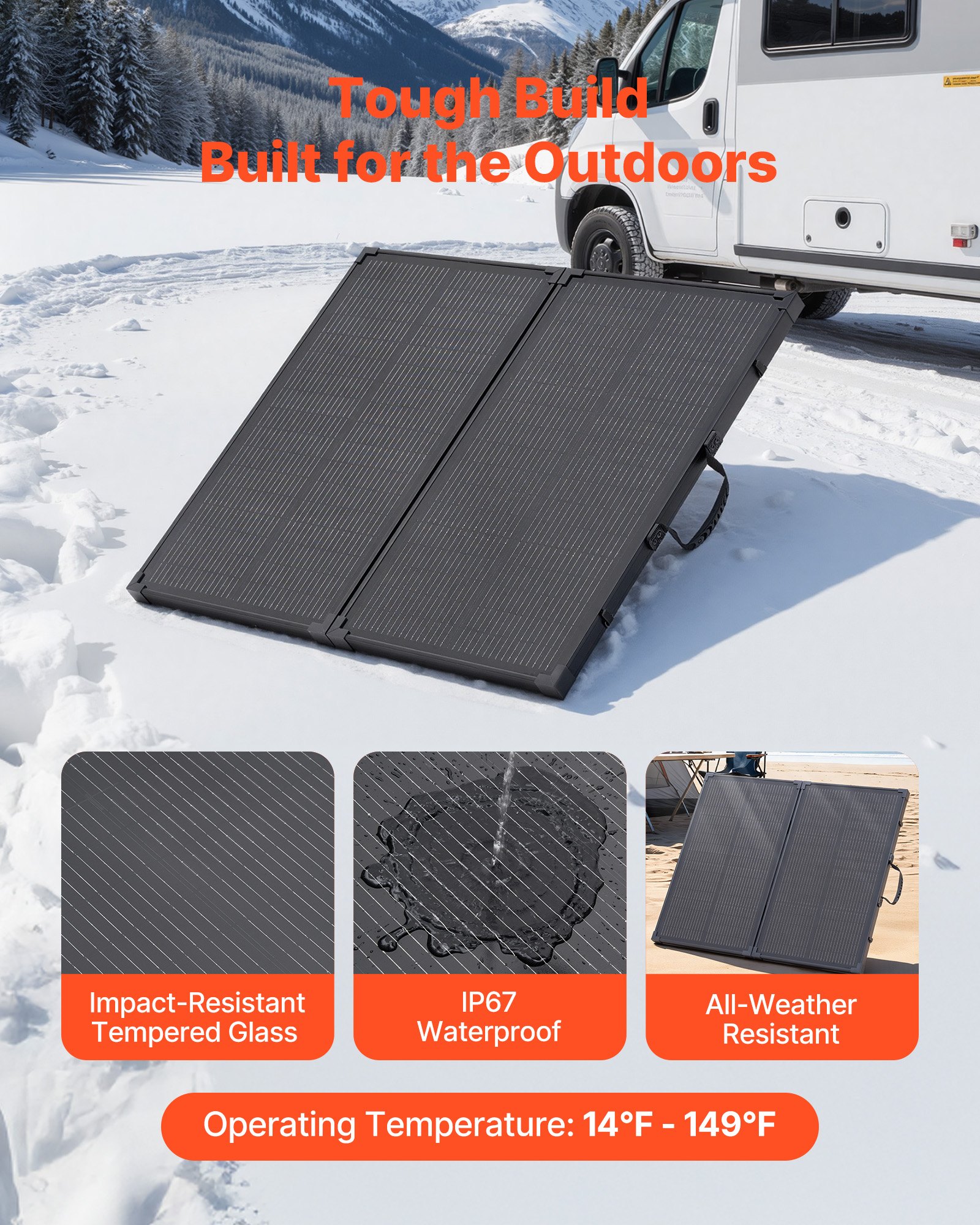 VEVOR 100W Foldable Solar Panel with Frame, 16BB N-Type Portable Monocrystalline Solar Panel Charger 24% Efficiency, IP67 Waterproof with 30A PWM Controller & MC4 Output for Camping, Hiking, RV Trips