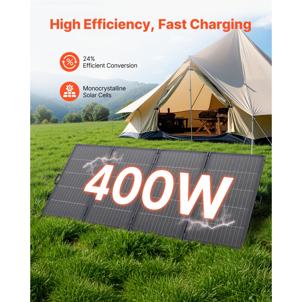 VEVOR 400W Foldable Solar Panel with Frame, 16BB N-Type Monocrystalline Solar Panel Charger 24% Efficiency, IP67 Waterproof with MC4 Output & 10-in-1 DC Adapter for Power Stations Camping Hiking Trips
