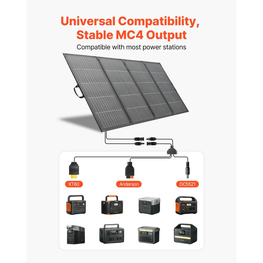 VEVOR 400W Foldable Solar Panel with Frame, 16BB N-Type Monocrystalline Solar Panel Charger 24% Efficiency, IP67 Waterproof with MC4 Output & 10-in-1 DC Adapter for Power Stations Camping Hiking Trips