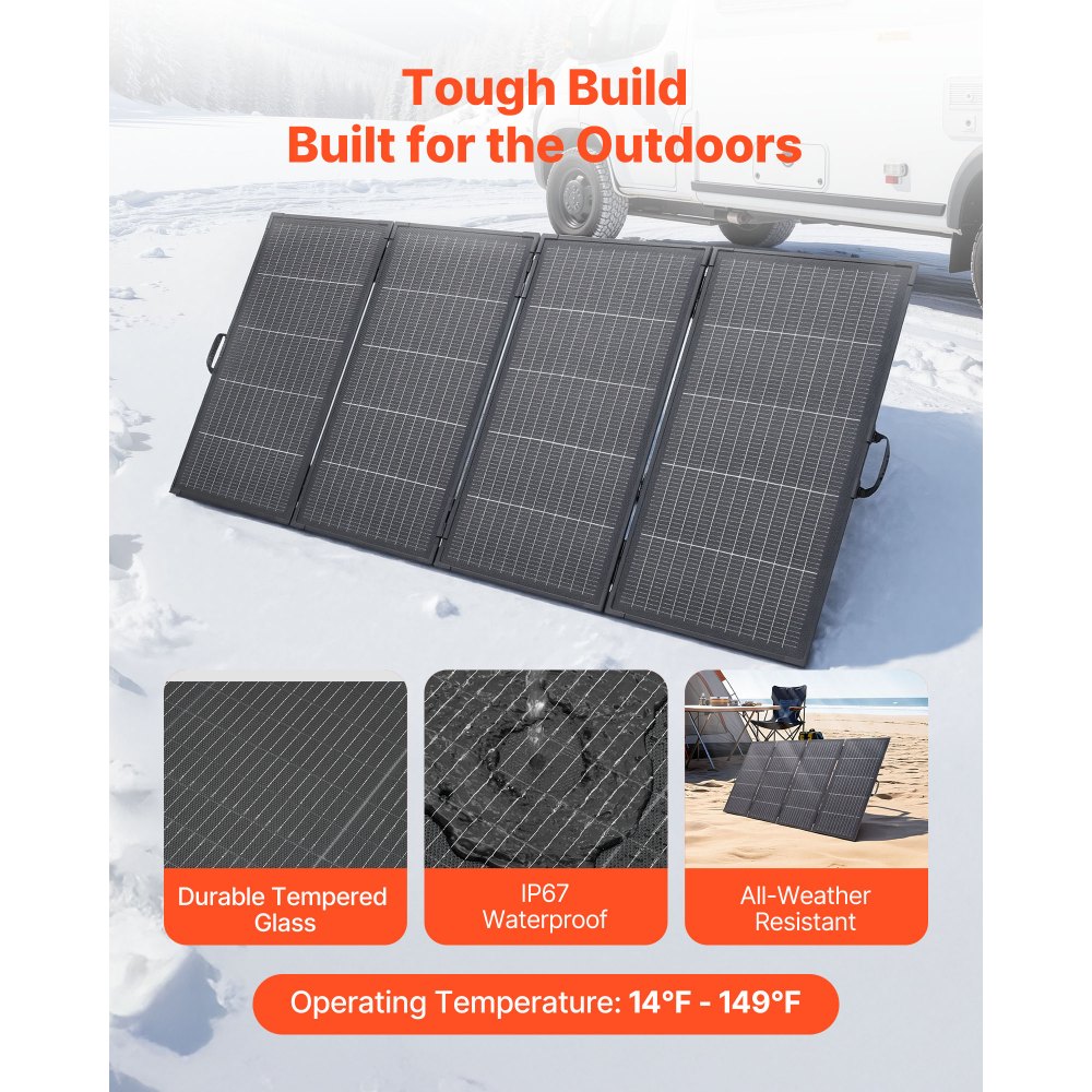 VEVOR 400W Foldable Solar Panel with Frame, 16BB N-Type Monocrystalline Solar Panel Charger 24% Efficiency, IP67 Waterproof with MC4 Output & 10-in-1 DC Adapter for Power Stations Camping Hiking Trips