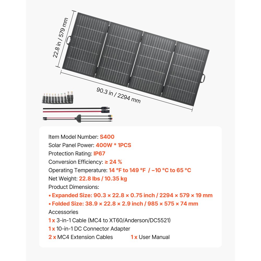 VEVOR 400W Foldable Solar Panel with Frame, 16BB N-Type Monocrystalline Solar Panel Charger 24% Efficiency, IP67 Waterproof with MC4 Output & 10-in-1 DC Adapter for Power Stations Camping Hiking Trips
