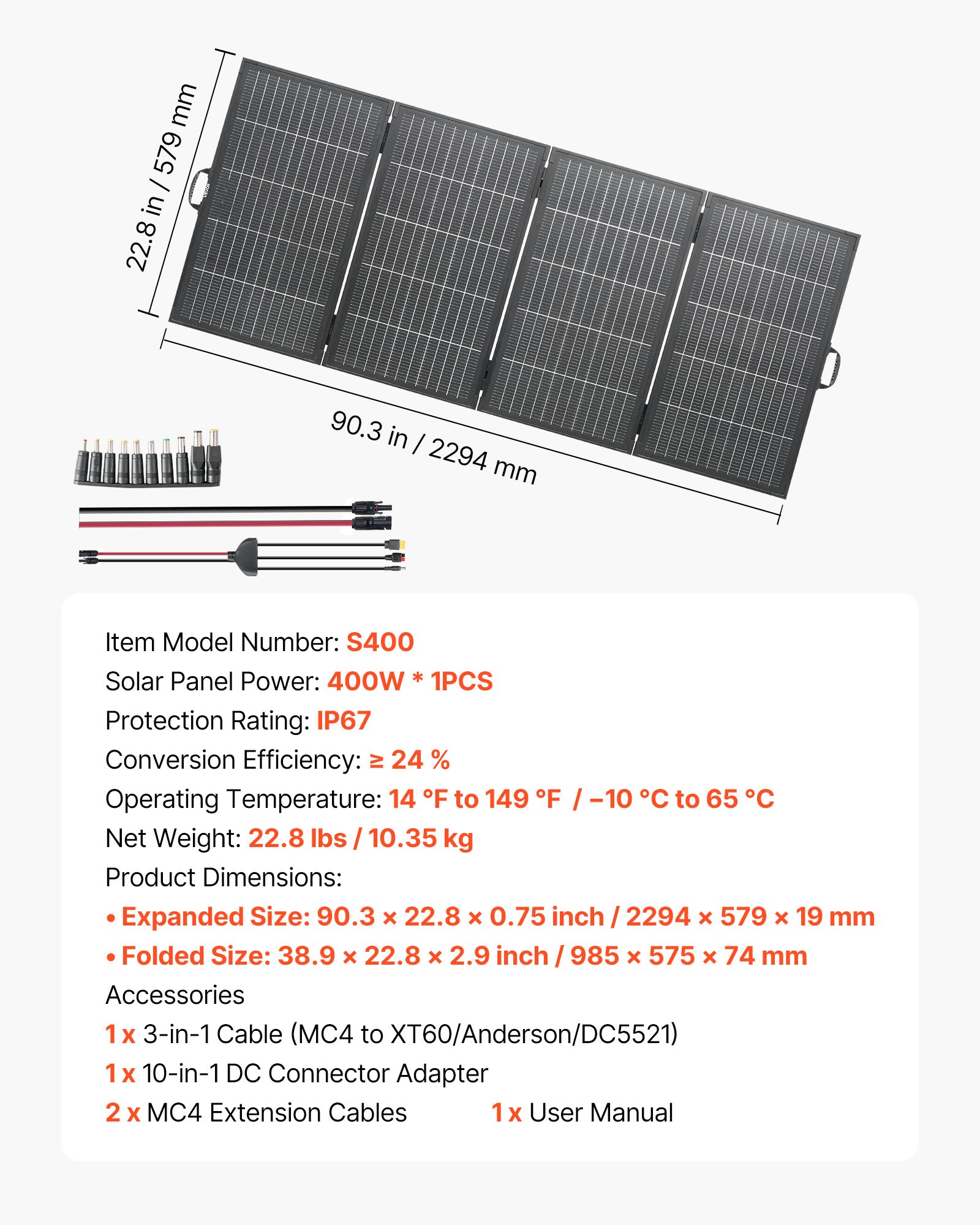 VEVOR 400W Foldable Solar Panel with Frame, 16BB N-Type Monocrystalline Solar Panel Charger 24% Efficiency, IP67 Waterproof with MC4 Output & 10-in-1 DC Adapter for Power Stations Camping Hiking Trips