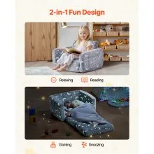 VEVOR 2-in-1 Kids Sofa, Foldable Toddler Soft Couch with Armrests, Glow in the Dark Kids Couch Fold Out with 28D Sponge & Flannel, Convertible Toddler Chair to Lounger for Reading and Gaming, M, Gray