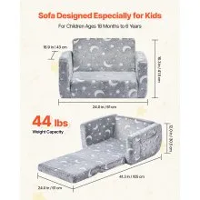VEVOR 2-in-1 Kids Sofa, Foldable Toddler Soft Couch with Armrests, Glow in the Dark Kids Couch Fold Out with 28D Sponge & Flannel, Convertible Toddler Chair to Lounger for Reading and Gaming, M, Gray