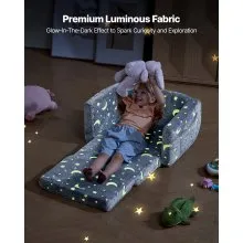 VEVOR 2-in-1 Kids Sofa, Foldable Toddler Soft Couch with Armrests, Glow in the Dark Kids Couch Fold Out with 28D Sponge & Flannel, Convertible Toddler Chair to Lounger for Reading and Gaming, M, Gray