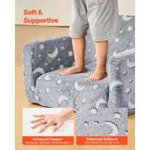 VEVOR 2-in-1 Kids Sofa, Foldable Toddler Soft Couch with Armrests, Glow in the Dark Kids Couch Fold Out with 28D Sponge & Flannel, Convertible Toddler Chair to Lounger for Reading and Gaming, M, Gray
