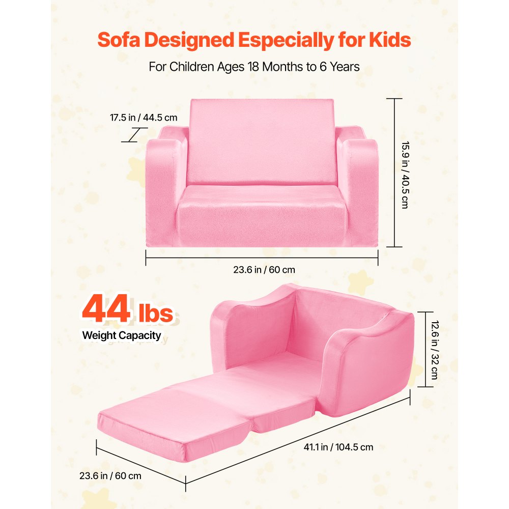 VEVOR 2-in-1 Kids Sofa, Foldable Toddler Soft Couch with Armrests, Made of 28D Sponge & Short Pile, Convertible Toddler Chair to Lounger, Kid Couch Fold Out for Fun Playtime or Comfy Lounging, M, Pink