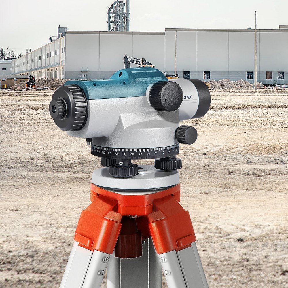 VEVOR automatic optical level on tripod at a construction site with warehouse background.